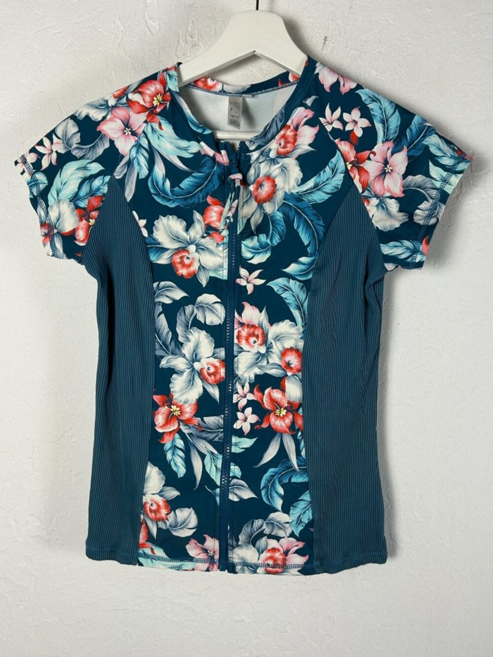 Azura Womens Floral Short-Sleeve Swim Top Zipper Front Suntop Blue Multi NWOT